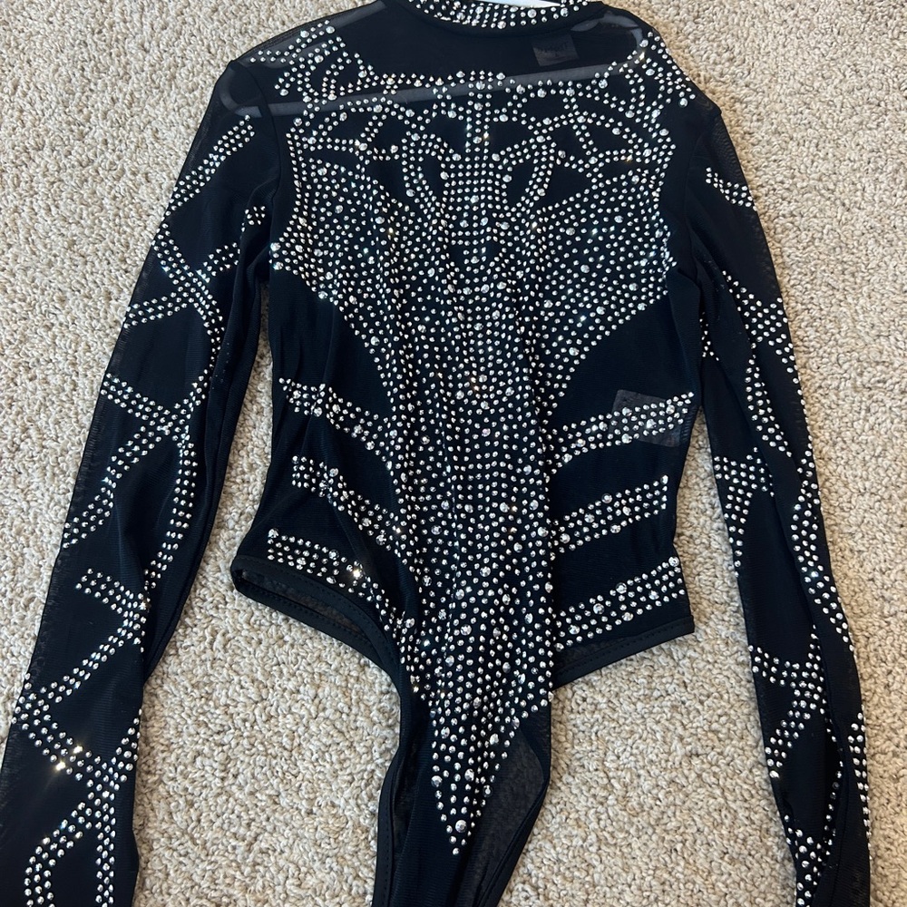 Black Rhinestone Embellished Festival Body Suit
